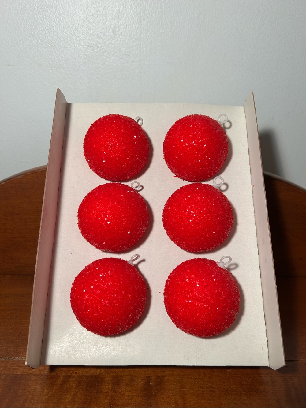 Set of 6 Red Sparkly Pyramid Unbreakable Ornaments 2 3/8” wide IOB